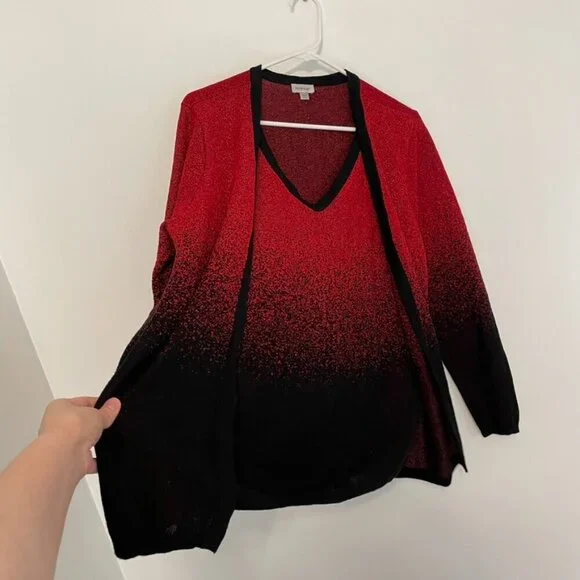 AVENUE Plus Size Red Metallic Black Ombre Twin Set Twinset Top Cardigan Sweater - Picture 6 of 11